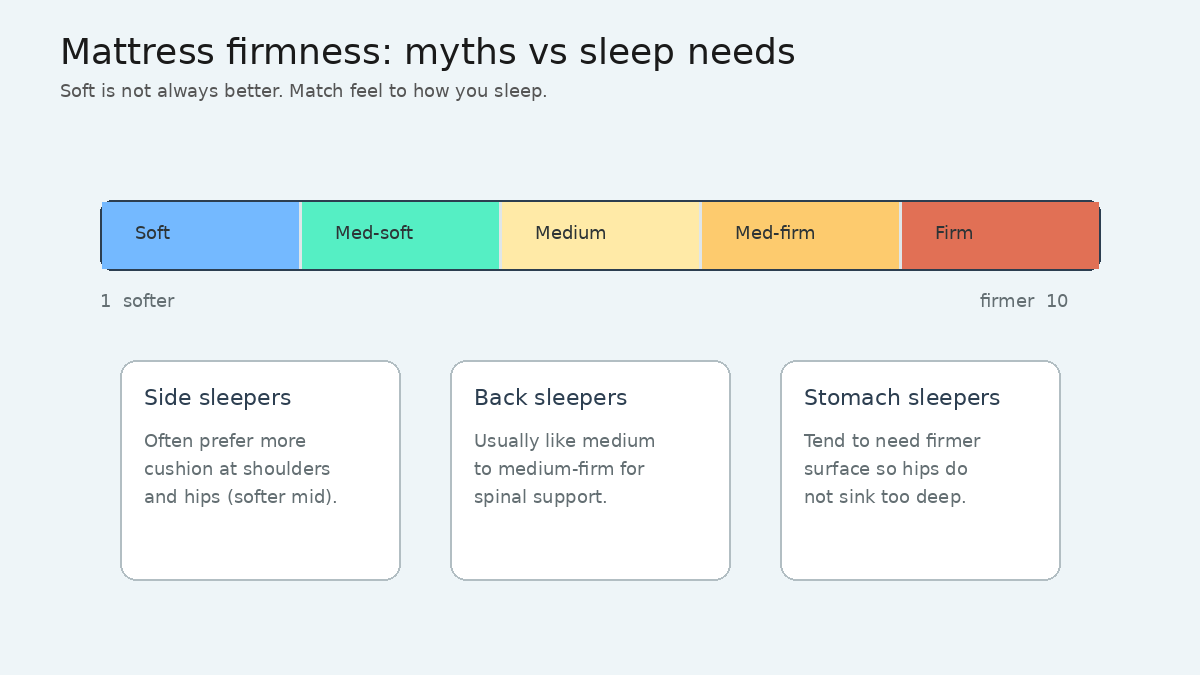 Educational mattress firmness scale from soft to firm with notes for side, back, and stomach sleepers