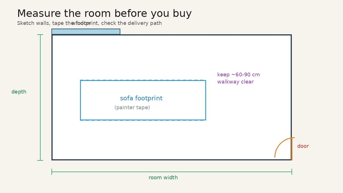 Educational floor-plan sketch showing sofa footprint tape, door swing, walkway clearance, and room width and depth labels